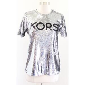 NWT Michael Kors Silver Black Sequin Logo Tee Size S Top Blouse Short Sleeve
